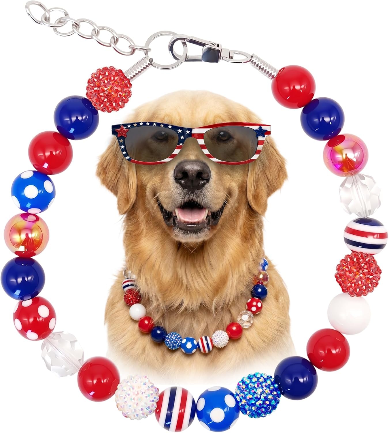 Patriotic Dog Collar for Medium Large Breeds, Chunky Beaded (20Mm) Red & Blue, 4Th of July Independence Day Pet Necklace Adjustable American Flag Collar for Big Dogs (L(17''-18.5''))