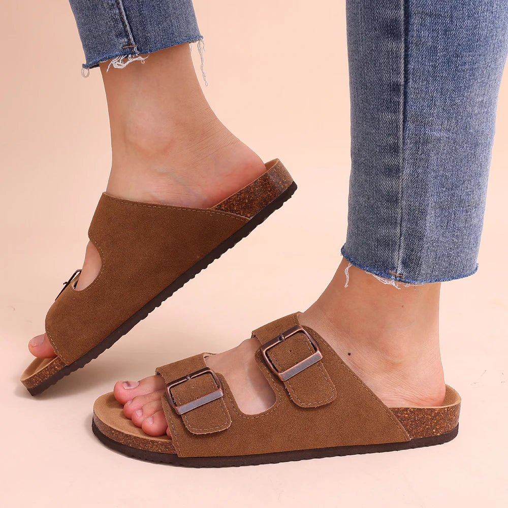 New Fashion Cork Sandals Women Classic Cork Suede Footbed Slippers Female Summer Beach Sandals with Adjustable Buckle