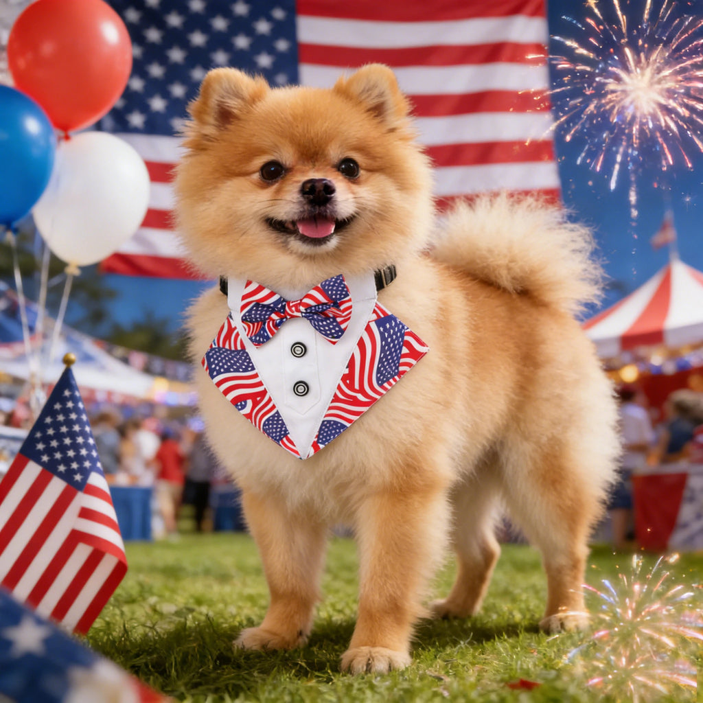 American Flag Dog Tuxedo Collar with Bowtie, Red Blue Pet Tux Bandana, Adjustable 4Th of July Scarf Costume for Dogs Pet