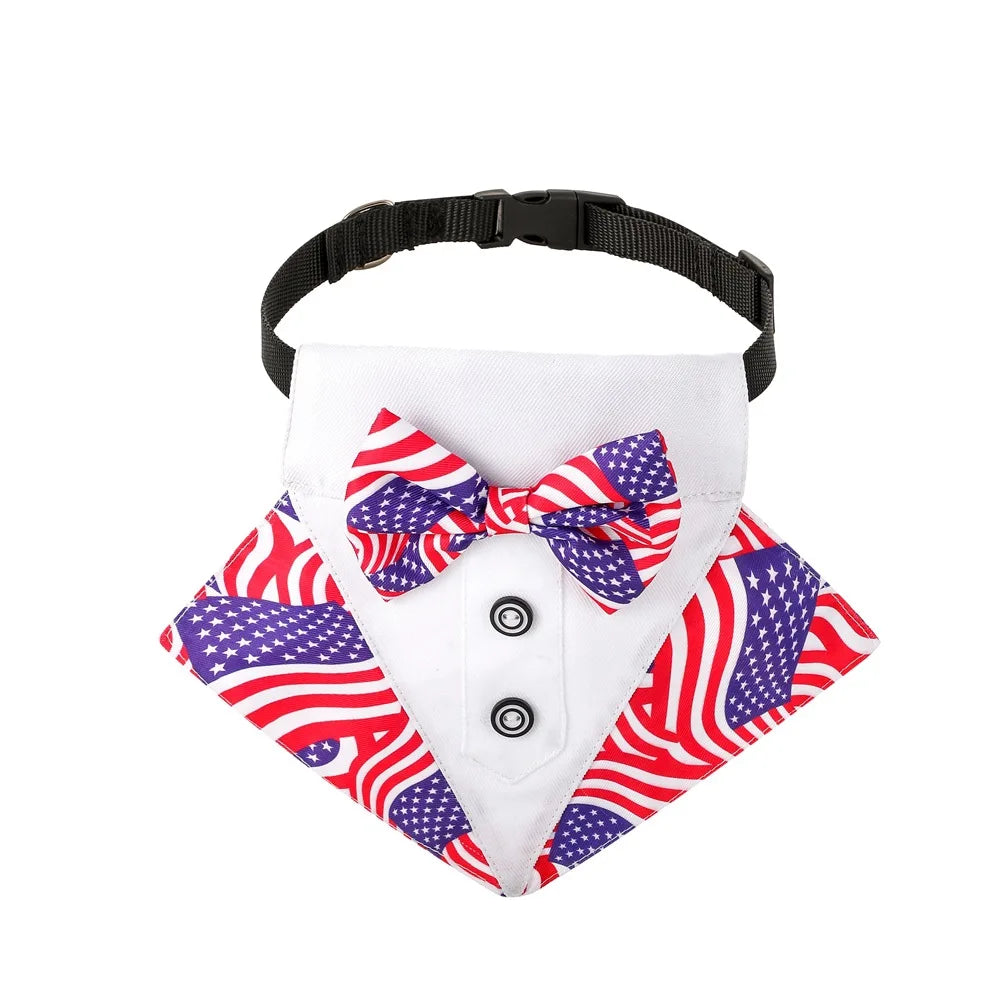 American Flag Dog Tuxedo Collar with Bowtie, Red Blue Pet Tux Bandana, Adjustable 4Th of July Scarf Costume for Dogs Pet