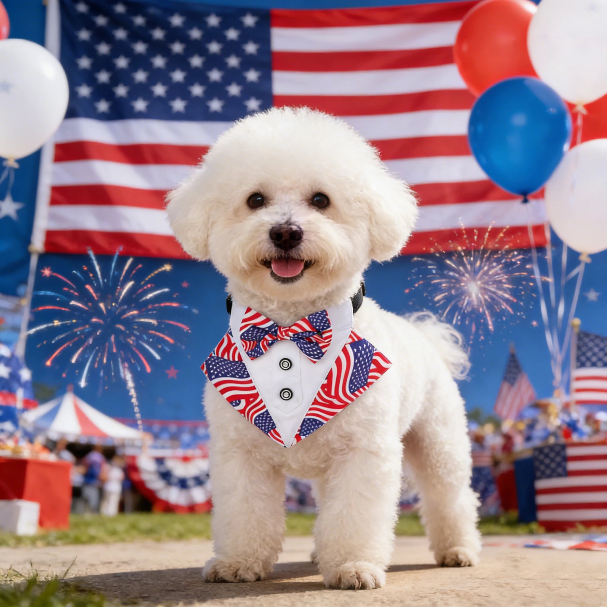American Flag Dog Tuxedo Collar with Bowtie, Red Blue Pet Tux Bandana, Adjustable 4Th of July Scarf Costume for Dogs Pet